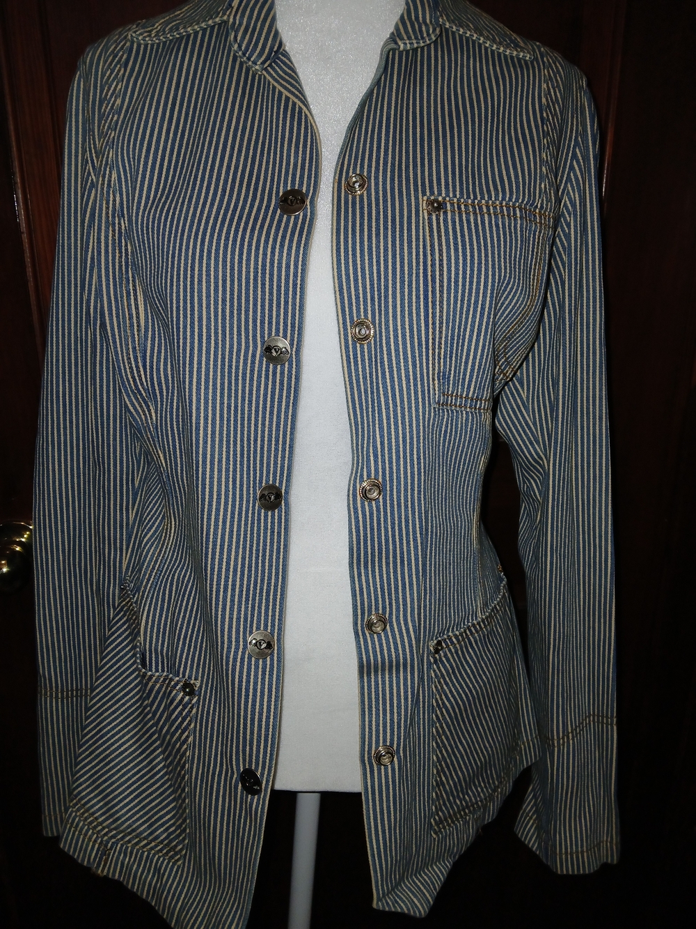 Source Unknown Blue and White Striped Women's Button Jacket